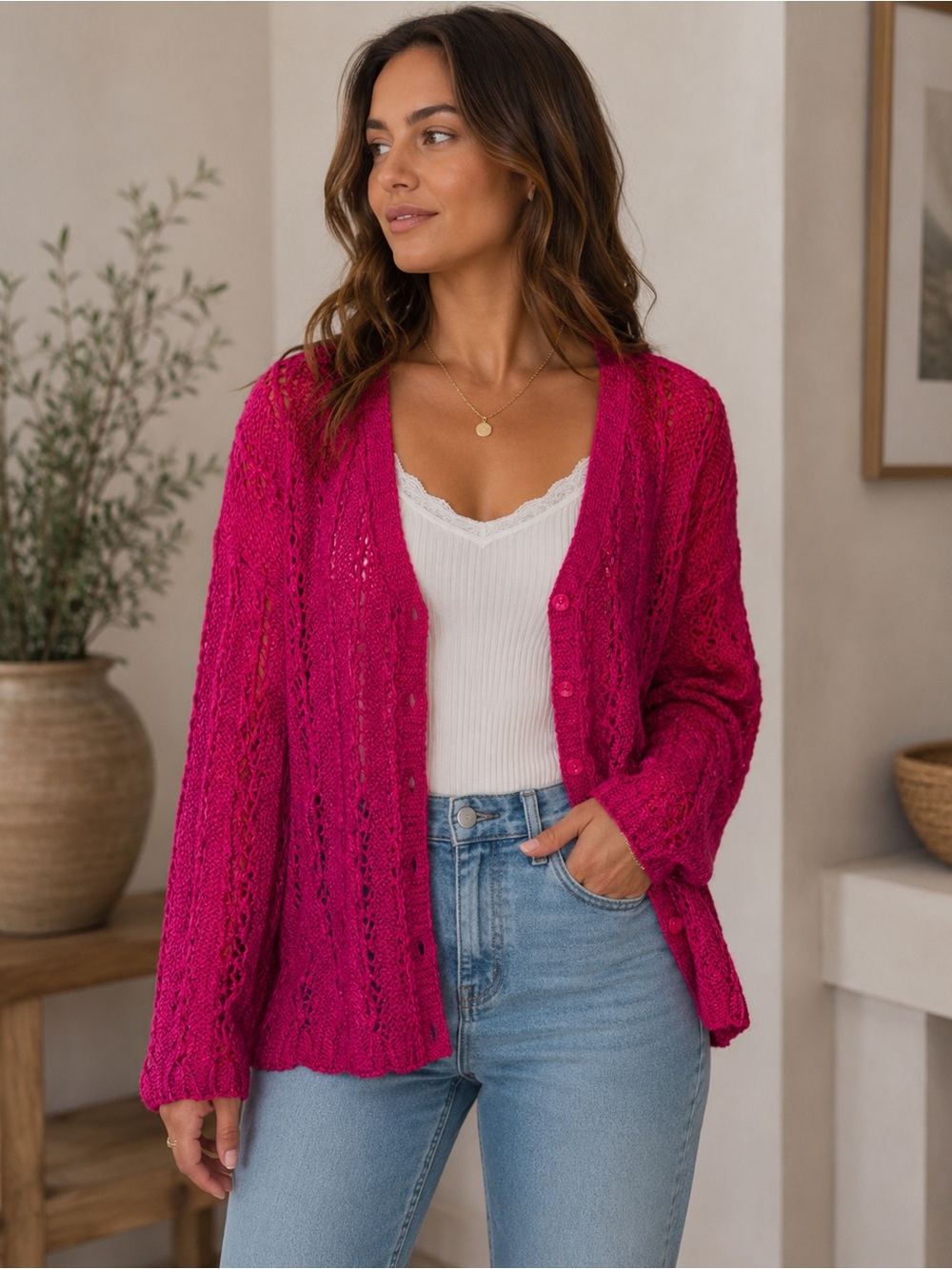 mac & jac Y2K Fuchsia Crochet Open Knit Cardigan Size L Lightweight Airy